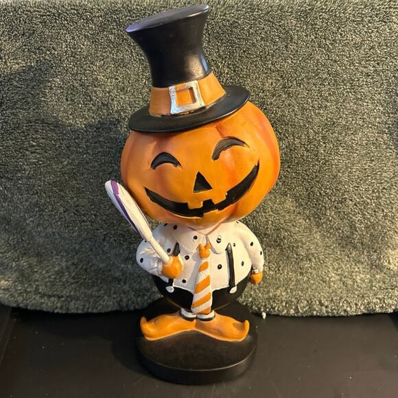 New Halloween Pumpkin Head Holding Lollipop Figurine Cynthia Rowley - Picture 1 of 9